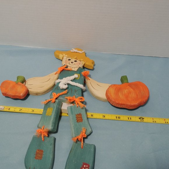 Hanging Wooden Scarecrow Holding Pumpkins, 14” Tall Wood - Picture 3 of 4